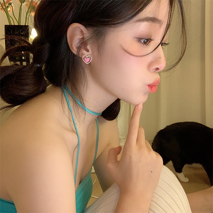 IF ME Khuyên tai   kiểu trái tim đính ngọc trai hồng cho nữ