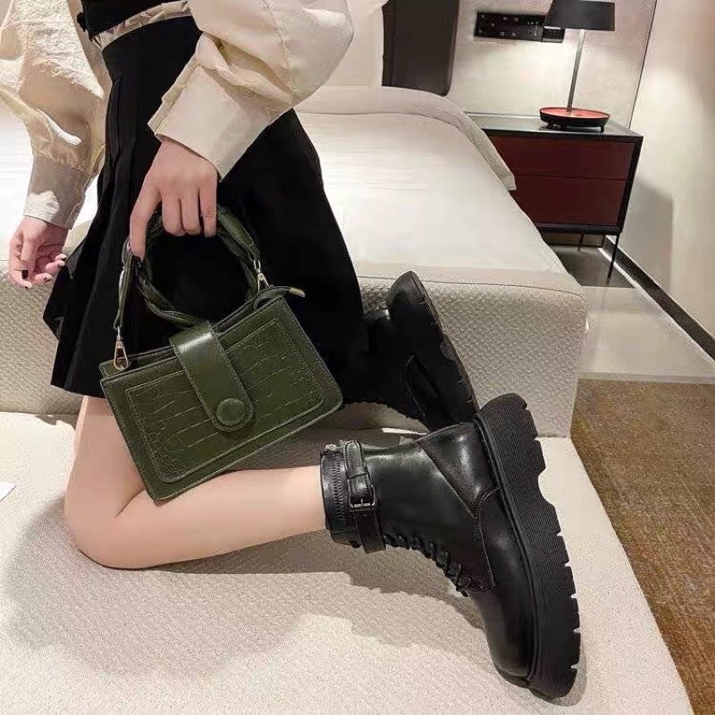 Giày bốt đế bánh mì khoá sau Cao Cấp - boots nữ độn đế cài khuy hàng Xuất Sịn