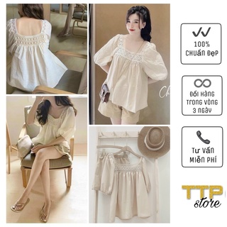 [HÌNH & CLIP THẬT] SET ĐŨI PHA REN ÁO TAY PHỒNG BABY DOLL QUẦN SHORT LƯNG CAO THIẾT KẾ QUẢNG CHÂU CAO CẤP TTP STORE