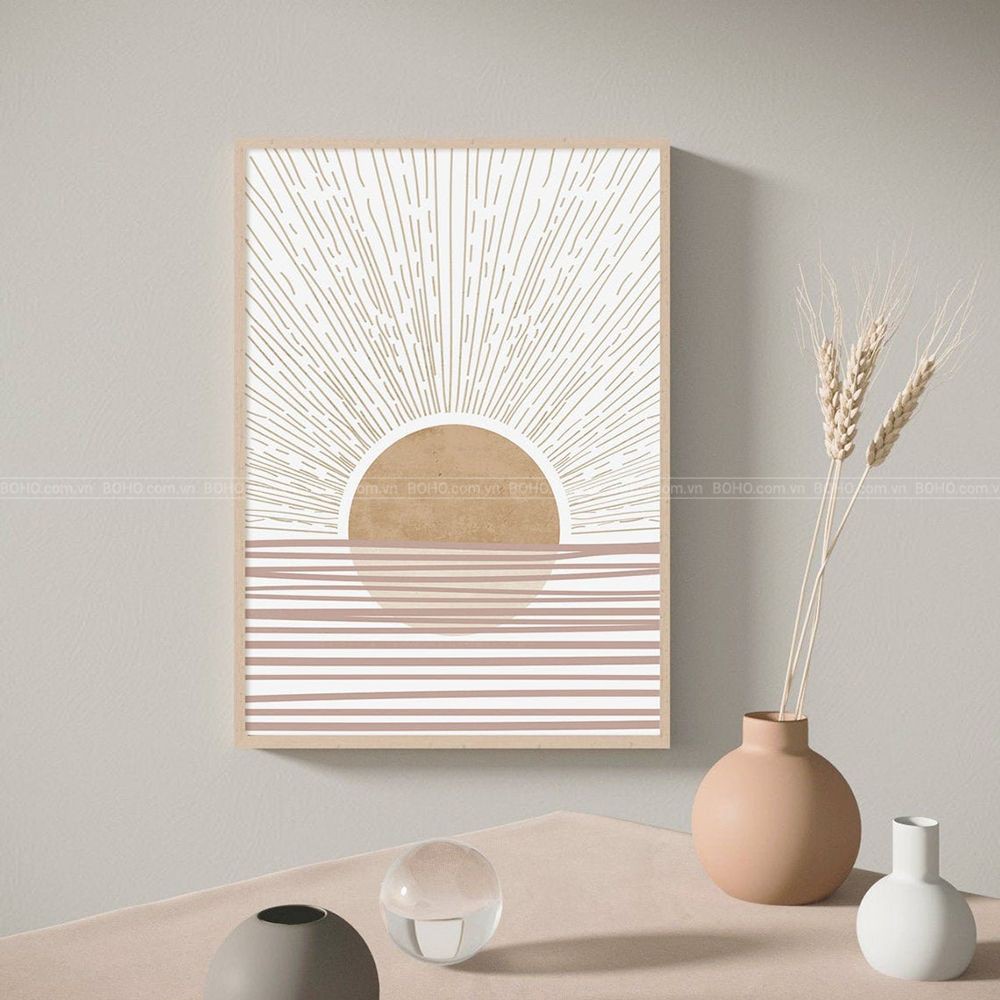 Tranh BOHO trừu tượng mặt trời 40*60cm - Tranh canvas treo tường phòng khách phòng ngủ, tặng đinh 3 chân treo tranh.