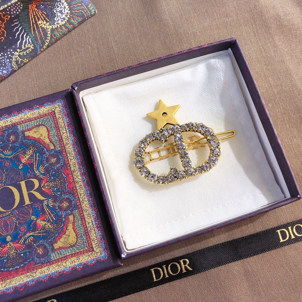 Kẹp tóc thép titan hình logo Dior và ngôi sao năm cánh đính đá thời trang cho nữ