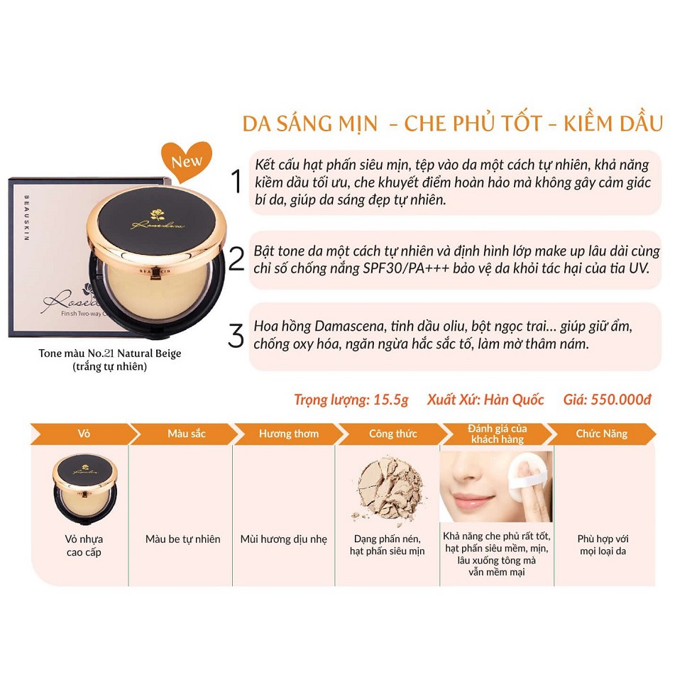 [ HÀNG CHÍNH HÃNG] Phấn Phủ Siêu Mịn Kiềm Dầu, Giữ Màu 12H  Beauskin Rosedew Two Way Cake Cao Cấp Hàn quốc (12g/ Hộp)