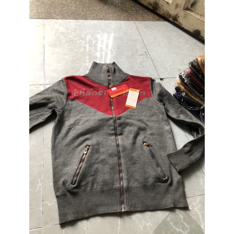 Áo khoác len sọc dây kéo túi