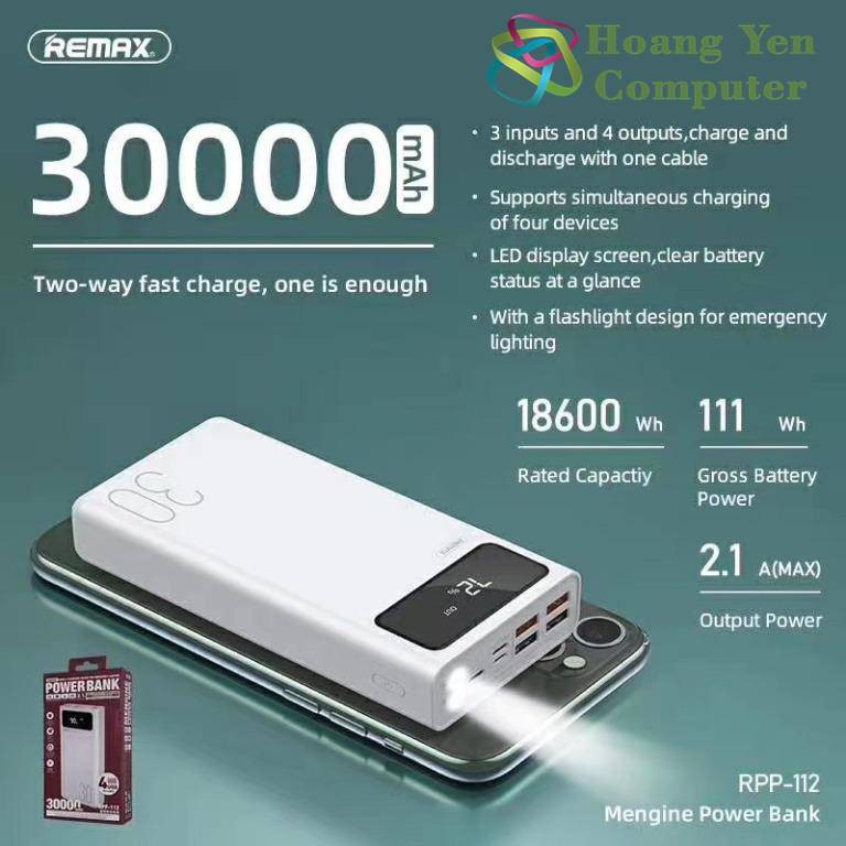 Sạc Dự Phòng Remax RPP-112 30000mAh Lõi Polymer 3 Cổng Sạc Vào, 4 Cổng Sạc Ra, Tích Hợp Đèn Led - Hoàng Yến Computer