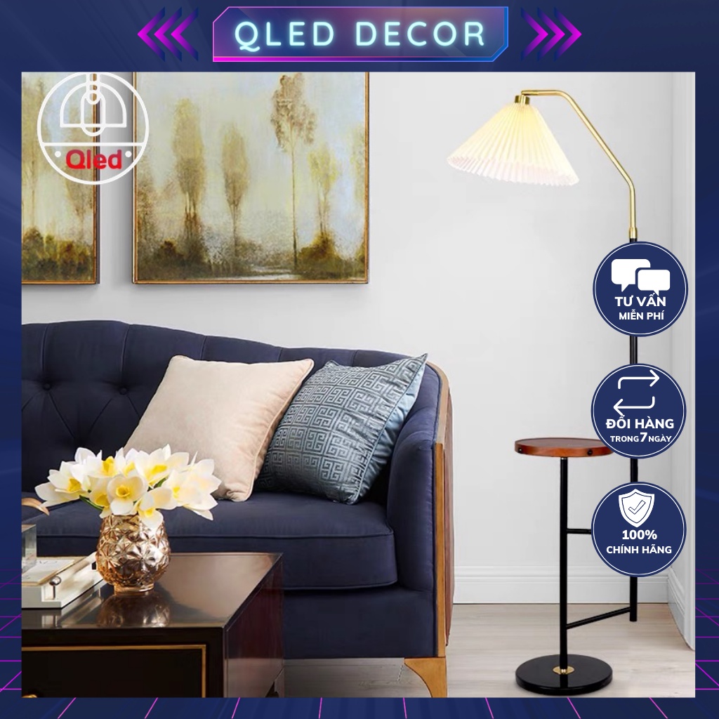 Đèn cây đứng chao nón bàn vân gỗ cao cấp ( tặng kèm bóng Led as vàng ấm)