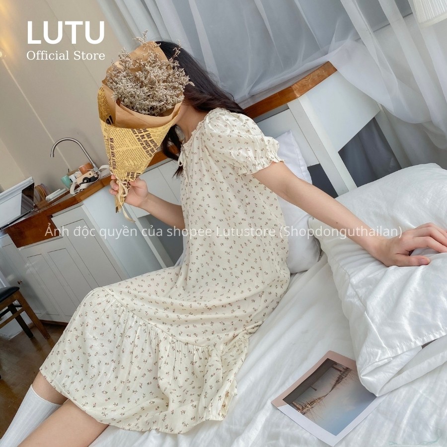 Đầm Váy Hoa Nhí Tơ Đũi Tay Ngắn Cổ Bèo Nơ Vintage Siêu Xinh