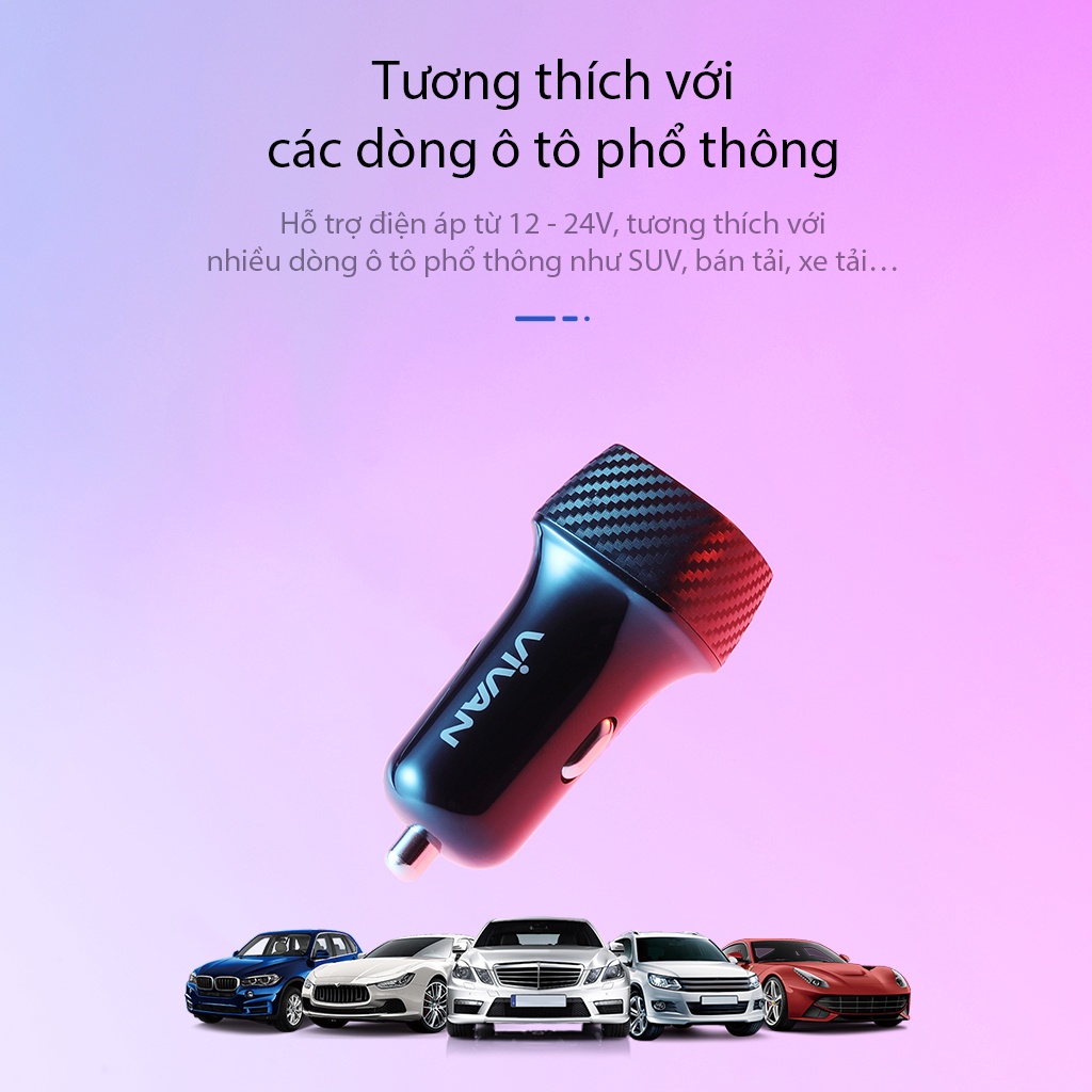 Tẩu sạc oto VIVAN CC02C 2 cổng USB đen- hàng chính hãng bảo hàng 12 tháng