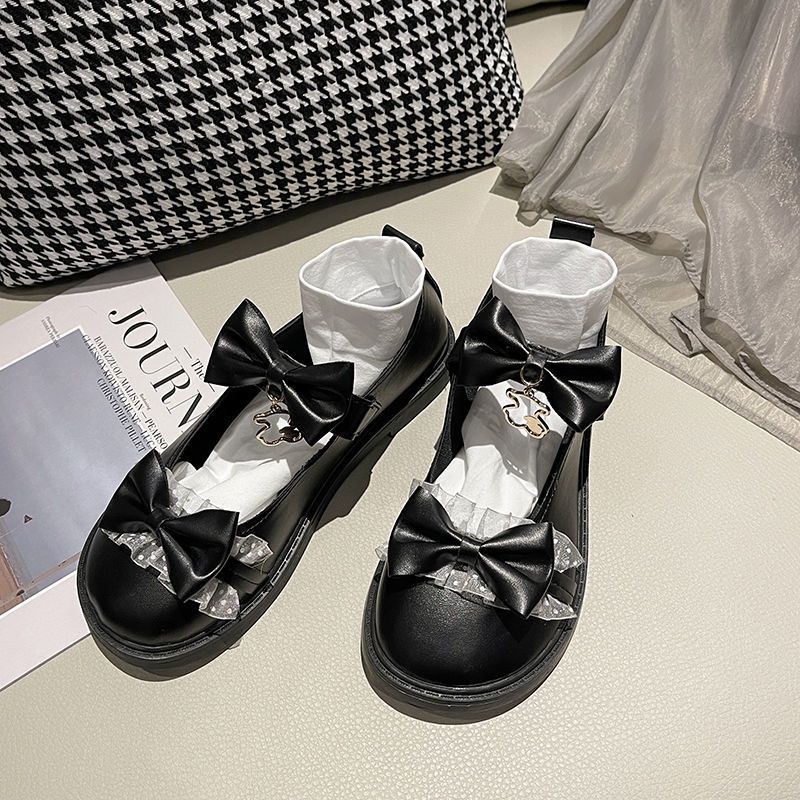 Giày da đế mềm đính nơ phong cách Lolita Hàn Quốc thời trang mùa hè 2021 cho nữ