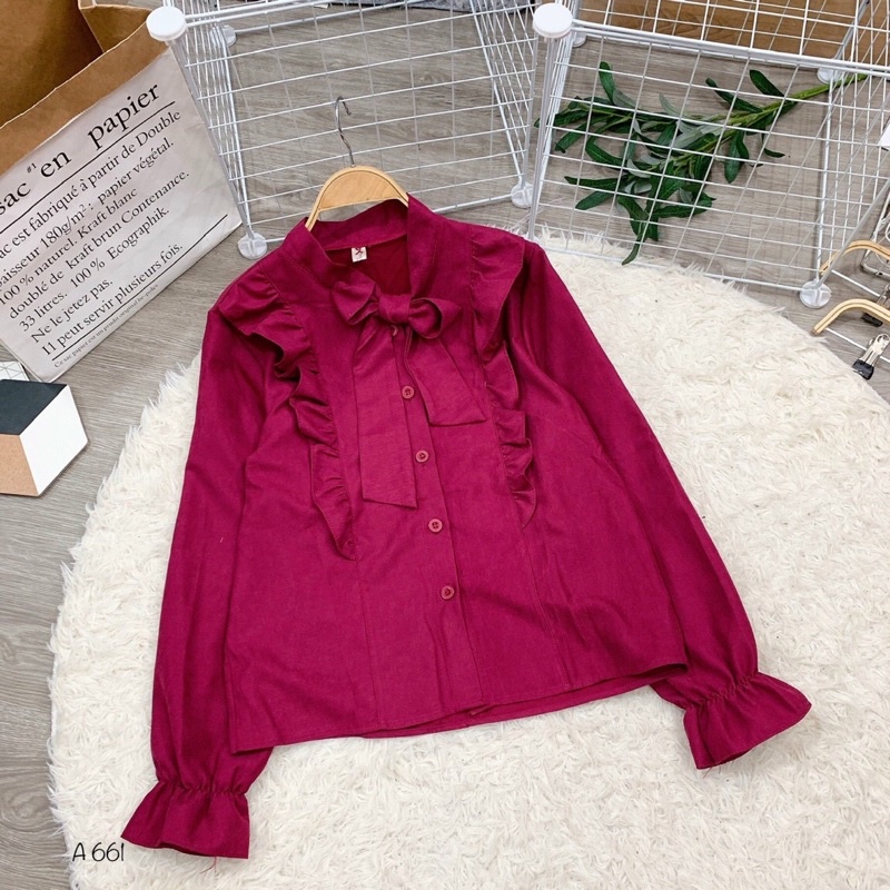 Áo kiểu nhung bèo nơ tay dài A661