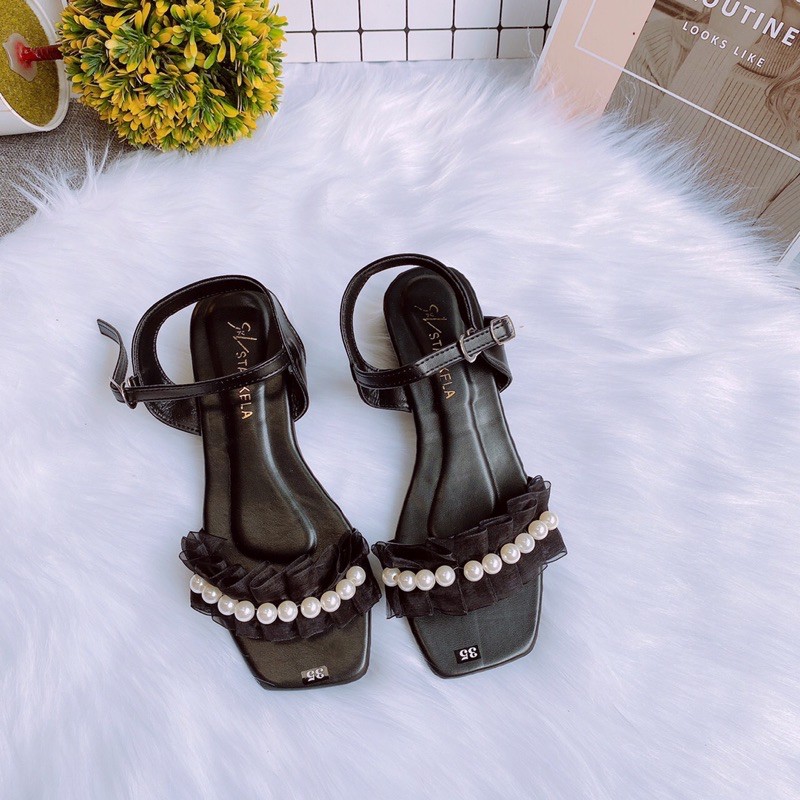[Siêu rẻ] Sandal da mịnn quai viền ren nhún đính chuỗi ngo.c gót vuông 4p