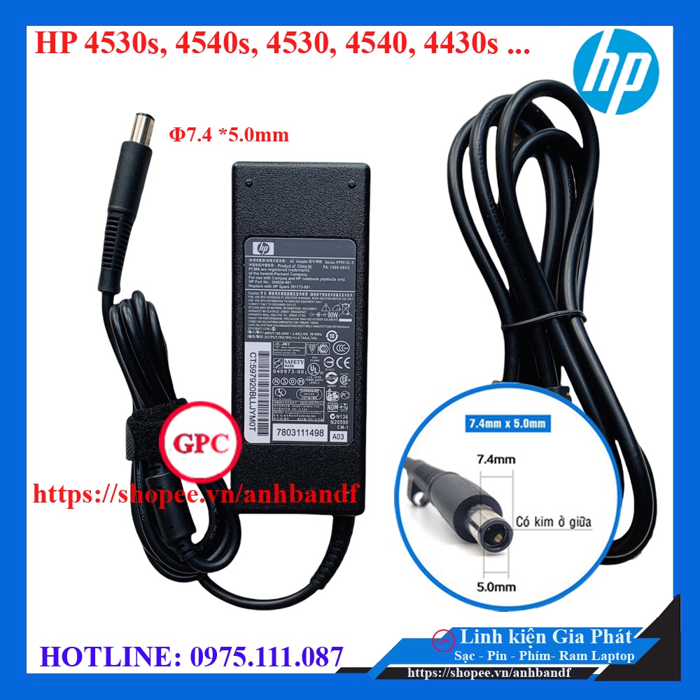 Sạc Laptop HP 4530s 4540s 4530 4540 OUTPUT 19V - 4.74A (90W) Chân Kim To kích thước 7.4mm x 5.0mm New