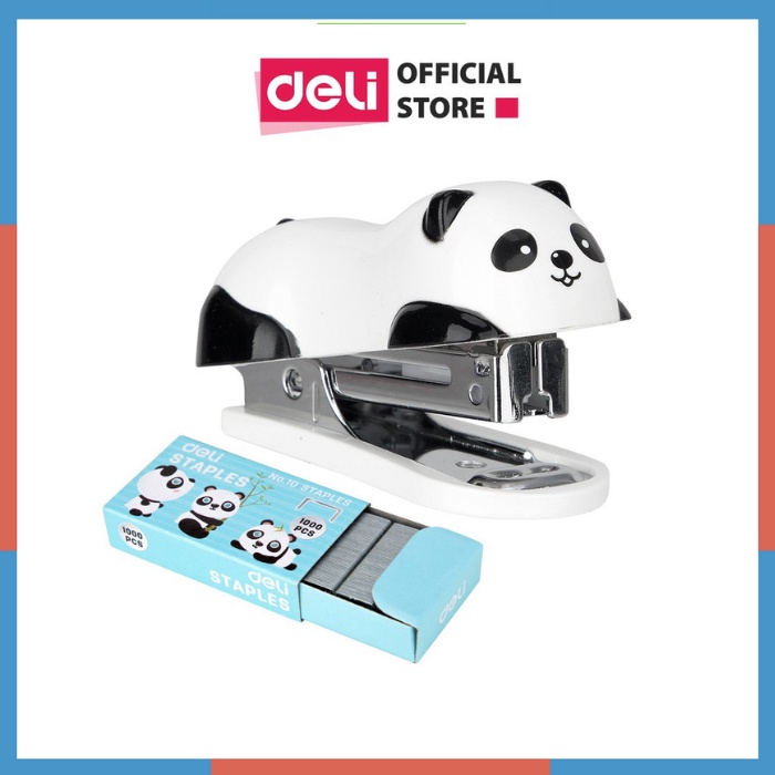 Dập ghim mini hình gấu trắng Panda, 12 trang tặng  kèm 1000 chiếc ghim - Deli 453 (E0453)