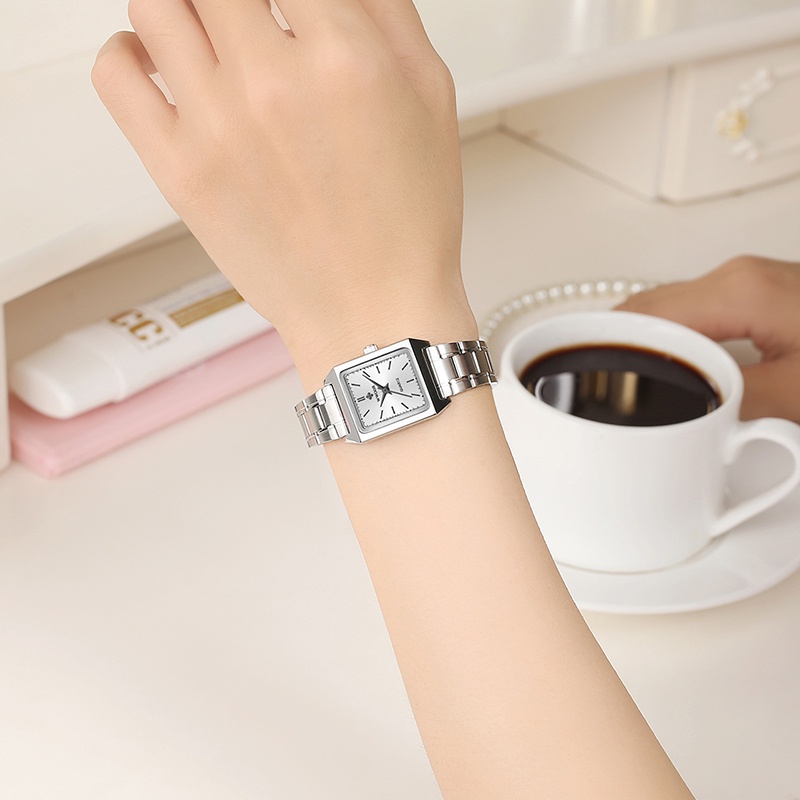 Đồng Hồ Quartz WWOOR Thiết Kế Mặt Vuông Chất Liệu Thép Không Gỉ Mạ Bạc Sang Trọng Cho Nữ-8850