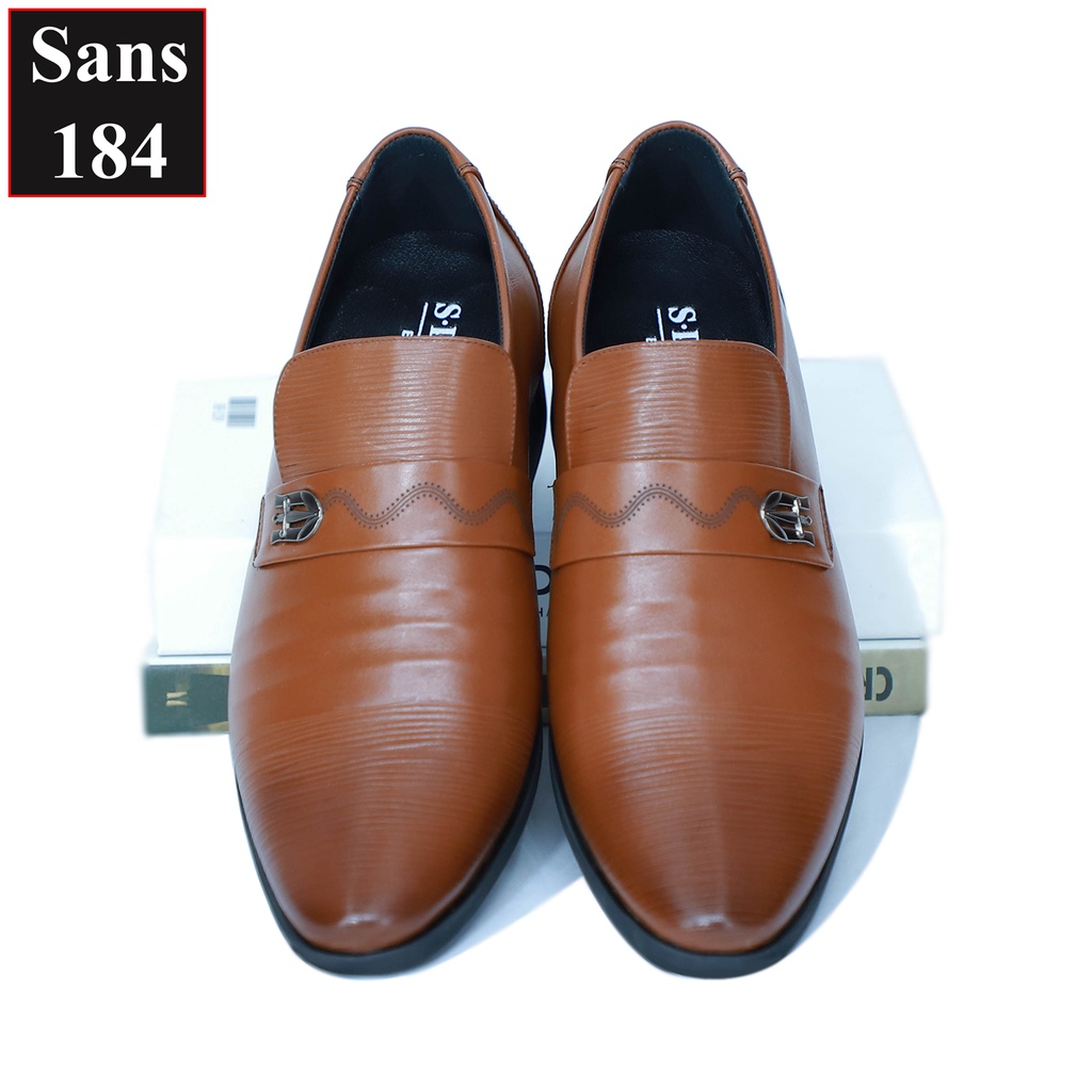 Giầy tăng chiều cao nam 7cm da bò thật Sans184 giày tây độn đế dày lười đẹp âu nâng gót màu đen nâu không dây cao cấp