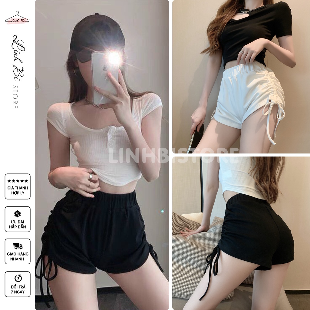 Quần đùi rút dây 2 bên LINHBI freesize đen trắng, quần short nữ dáng ngắn cạp chun mặc ở nhà tập gym đẹp kiểu Hàn Quốc