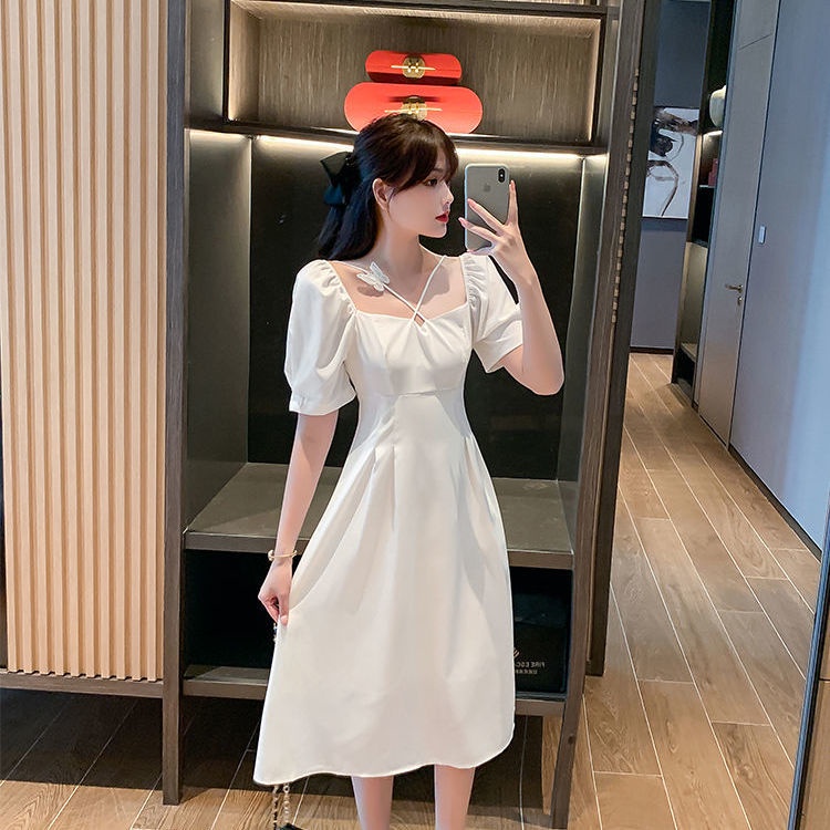 Đầm Trắng Mỏng Cổ Vuông Kiểu Pháp Mới Đầm Chữ A Tay Phồng Quyến Rũ Thời Trang Hàn Quốc