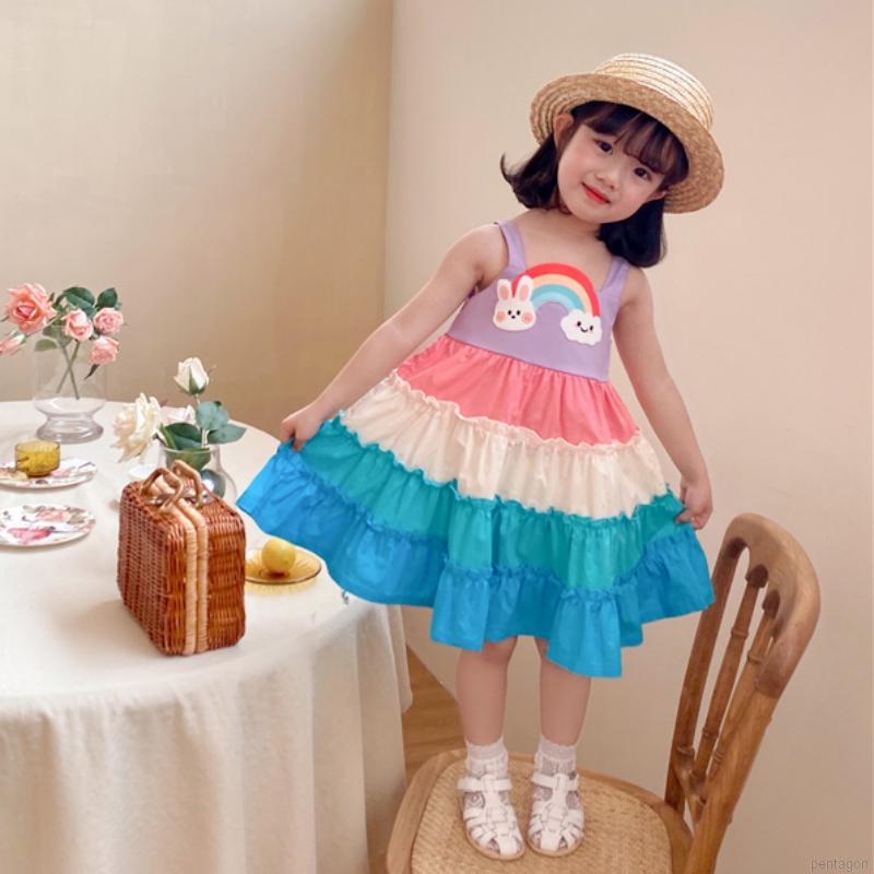 Đầm Tay Dài Phối Màu Cầu Vồng Đáng Yêu Cho Bé Gái