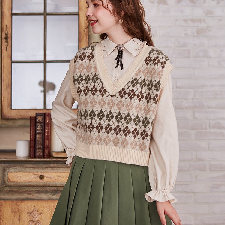 Áo Dệt Kim Không Tay Dáng Rộng Hoa Văn Kẻ Ô Phong Cách Hàn Quốc Dành Cho Nữ