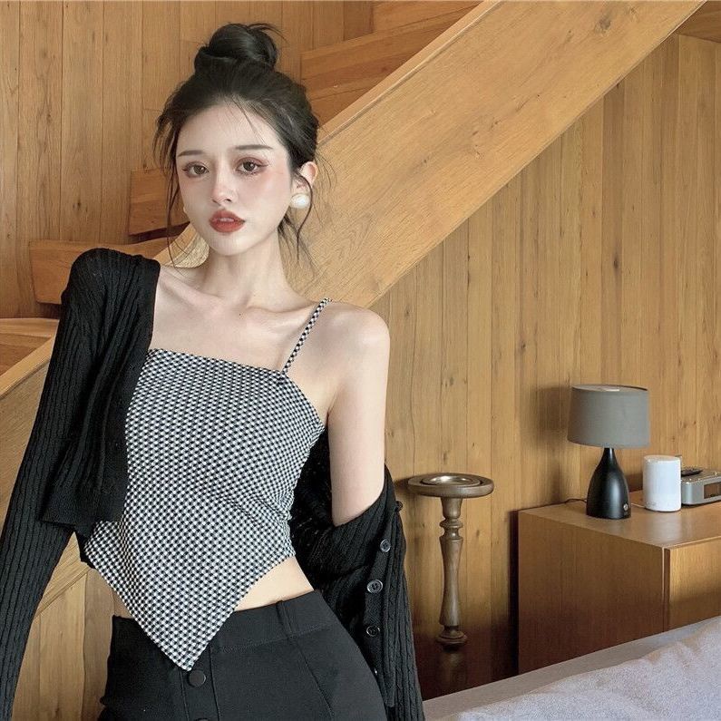 Áo Croptop Hai Dây Họa Tiết Sọc Caro Phong Cách Retro Mùa Hè