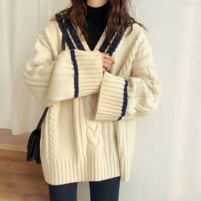Áo Khoác Len Dệt Kim Dày Dặn Dáng Rộng Cổ Chữ V Màu Sắc Retro Hàn Quốc