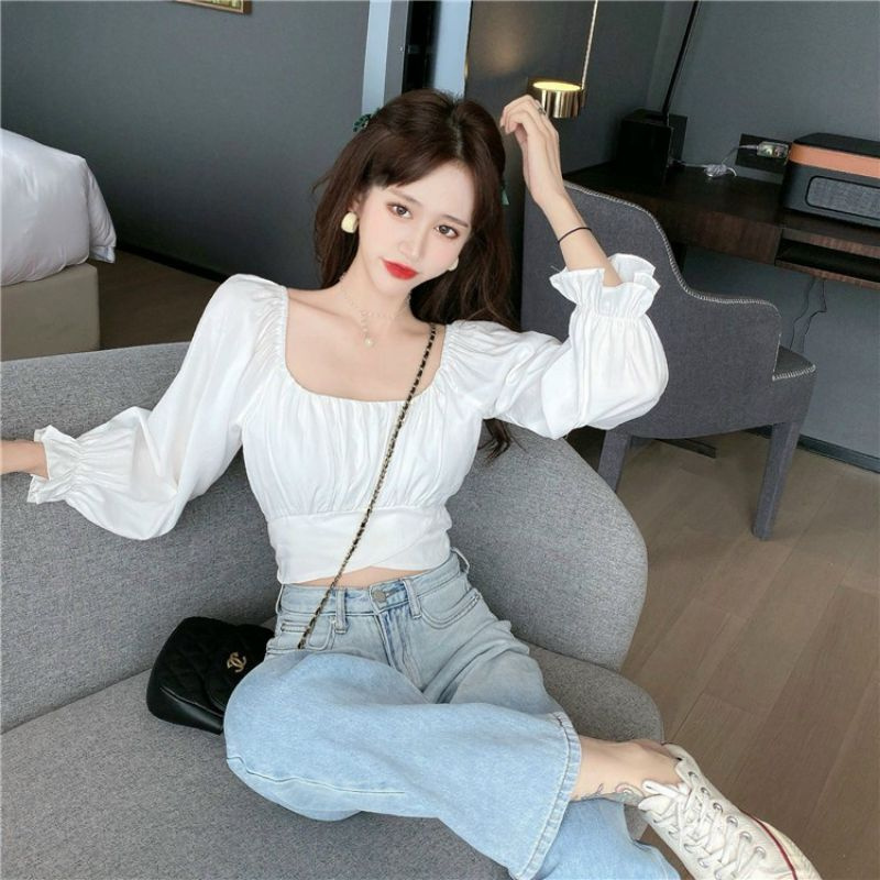 Áo kiểu trễ vai - áo cổ vuông tay dài mang được nhiều kiểu - AO028