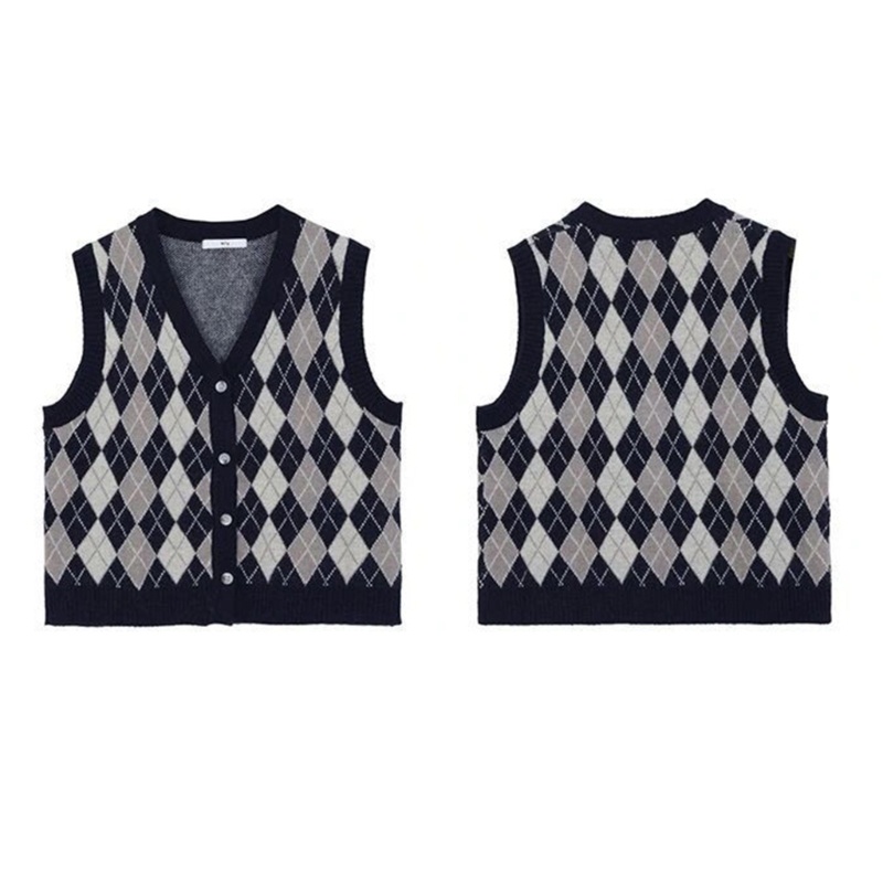 Áo Sweater Dệt Kim Sát Nách Kẻ Sọc Ca Rô Đính Nút Thời Trang Mùa Thu Cho Nữ Dễ Phối Đồ