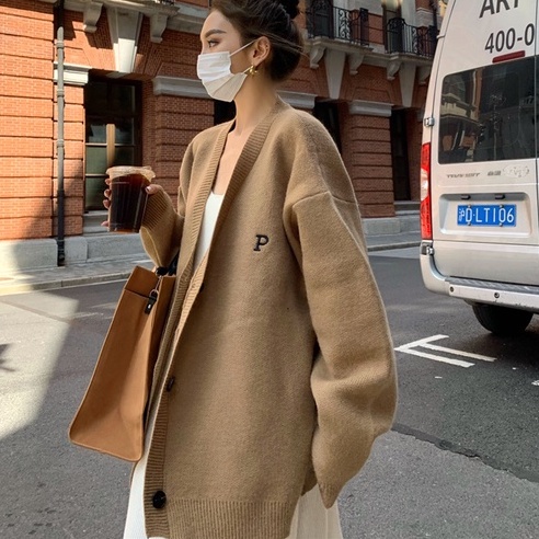 Áo khoác cardigan ZHELIHANGFEI tay dài dáng rộng cổ chữ V thời trang dành cho nữ