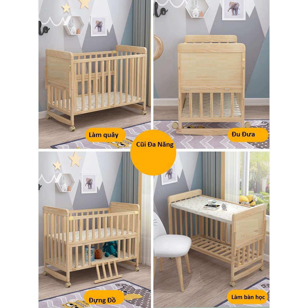 Nôi cũi gỗ, Giường cũi gỗ cho bé bền đẹp mẫu mới 2021, cũi 2 tầng đa năng, được làm từ gỗ thông an toàn tuyệt đối cho bé