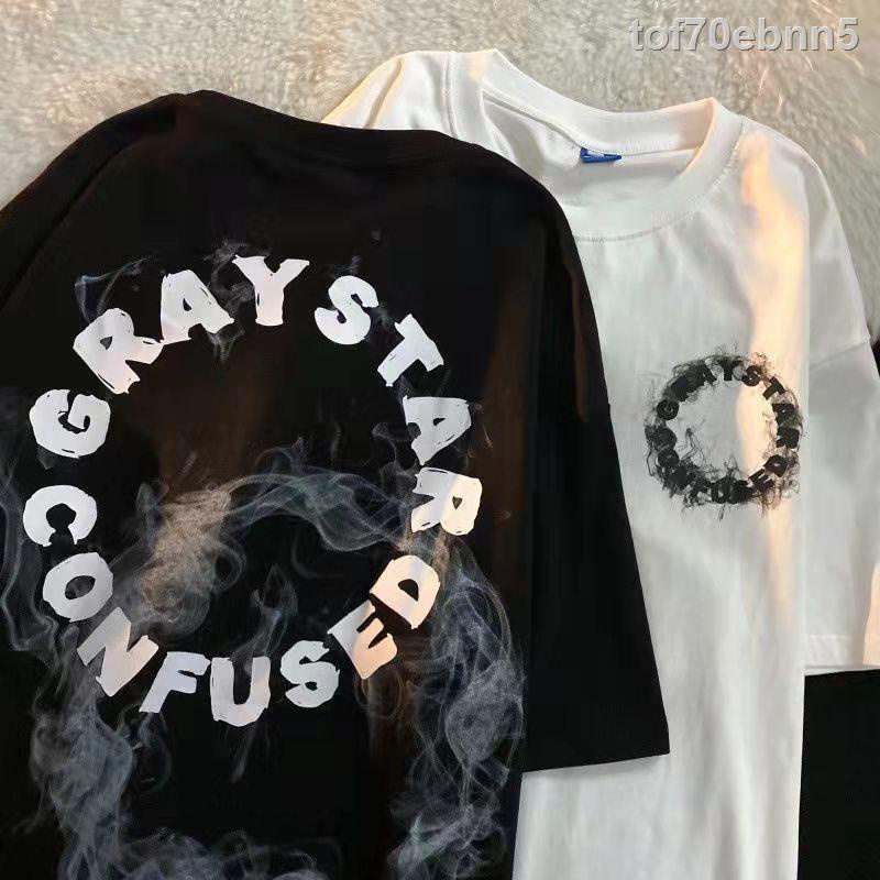 ₪áo cộc tay oversize nam nữ, áo đôi xu hướng thuần cotton in chữ khói rộng rãi phong cách Hongkong