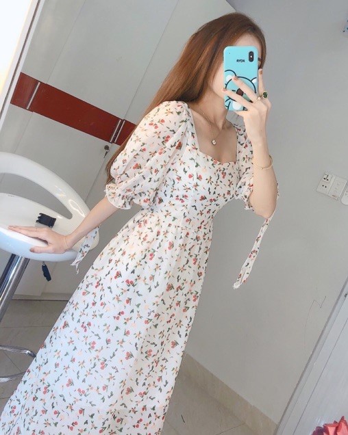 Đầm hoa cổ vuông tay phồng [Ảnh thật