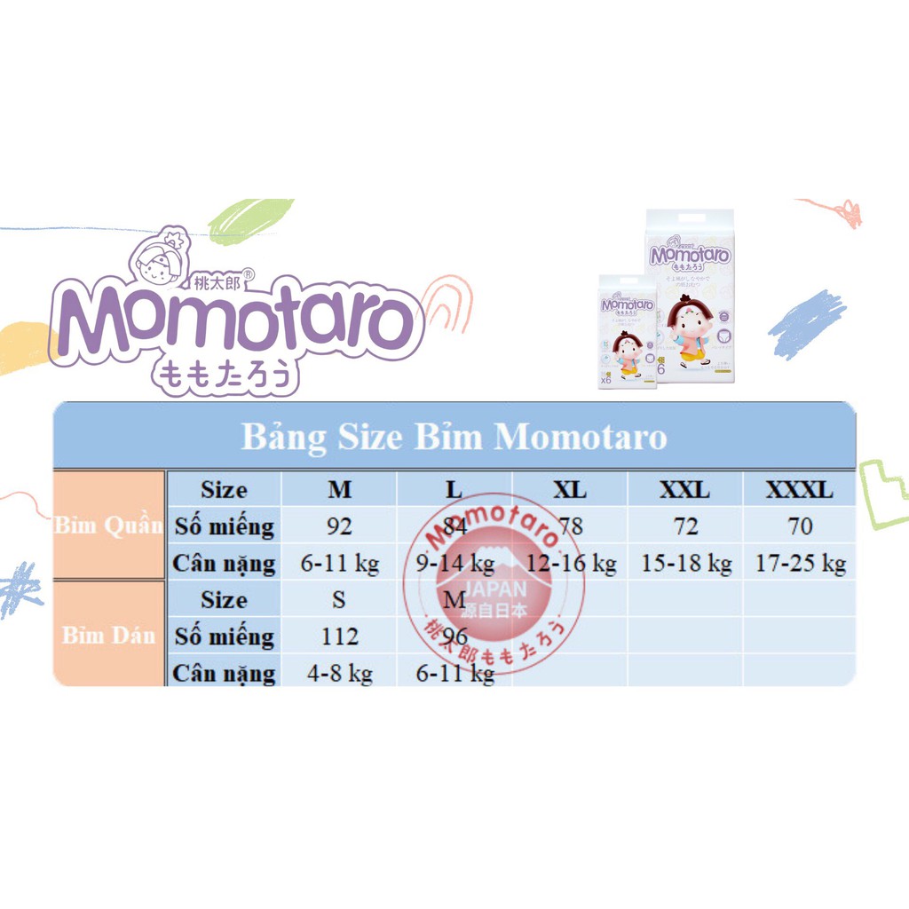 Bỉm tã dán/quần MOMOTARO S112/M96/M92/L84/XL78/XXL72/XXXL70