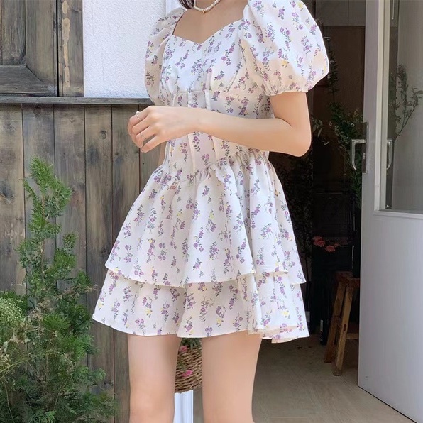 [Hana And Alice] Đầm Hoa Ngắn Tay Thời Trang Xinh Xắn Dành Cho Nữ