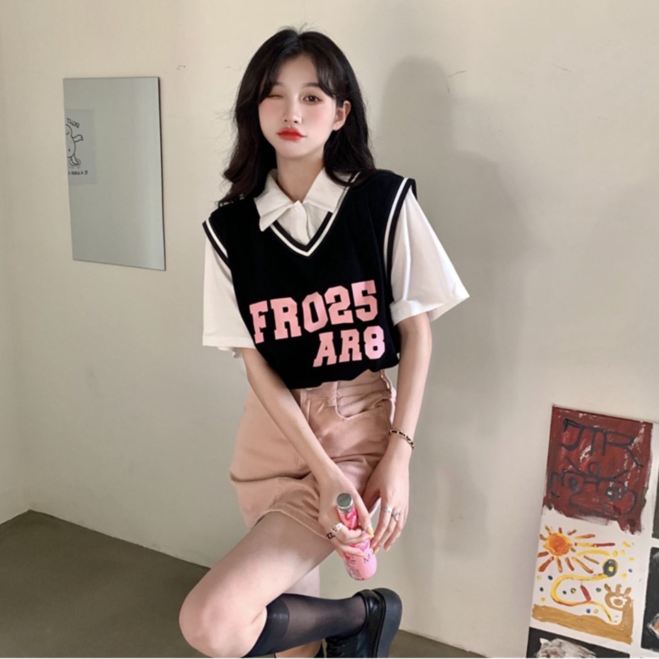 Đầm Thể Thao Ngắn Tay Dáng Rộng Có Cổ Thời Trang Hàn Quốc Cho Nữ