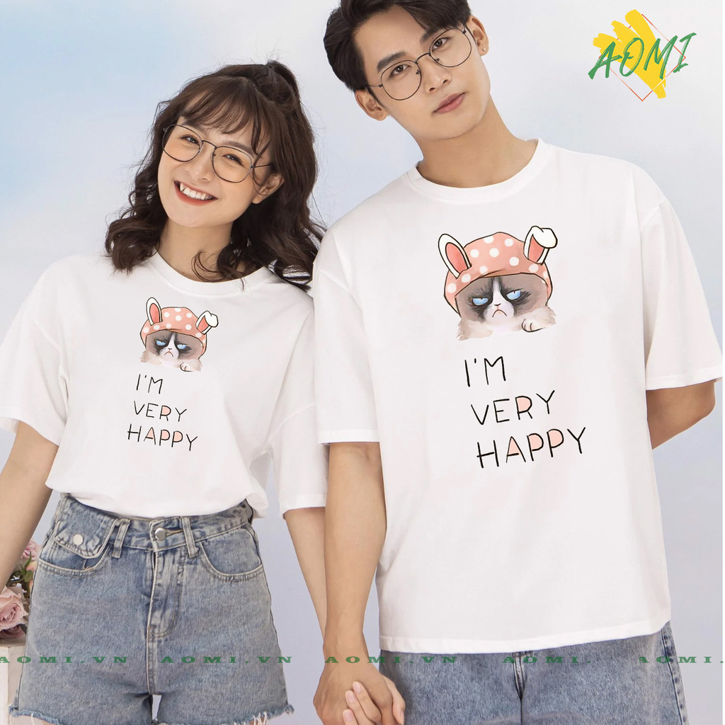 ÁO THUN UNISEX MEO VERY HAPPY PHÔNG NAM NỮ GIA ĐÌNH CẶP ĐÔI CÓ SIZE TRẺ EM AOMIVN