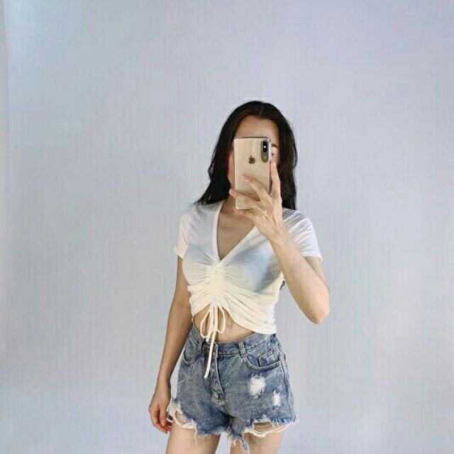 Áo thun CROPTOP,áo cổ tim rút dây siêu xinh