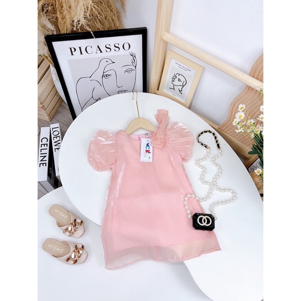 Váy tơ 2 lớp nơ vai + turban cho bé gái