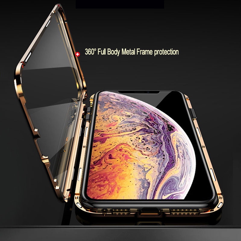 Ốp Điện Thoại Hai Mặt Kính Bảo Vệ 360 Độ Bằng Kim Loại Hít Nam Châm Sang Trọng Cho IPhone 13 12 11 Pro Max XS X XR 13
