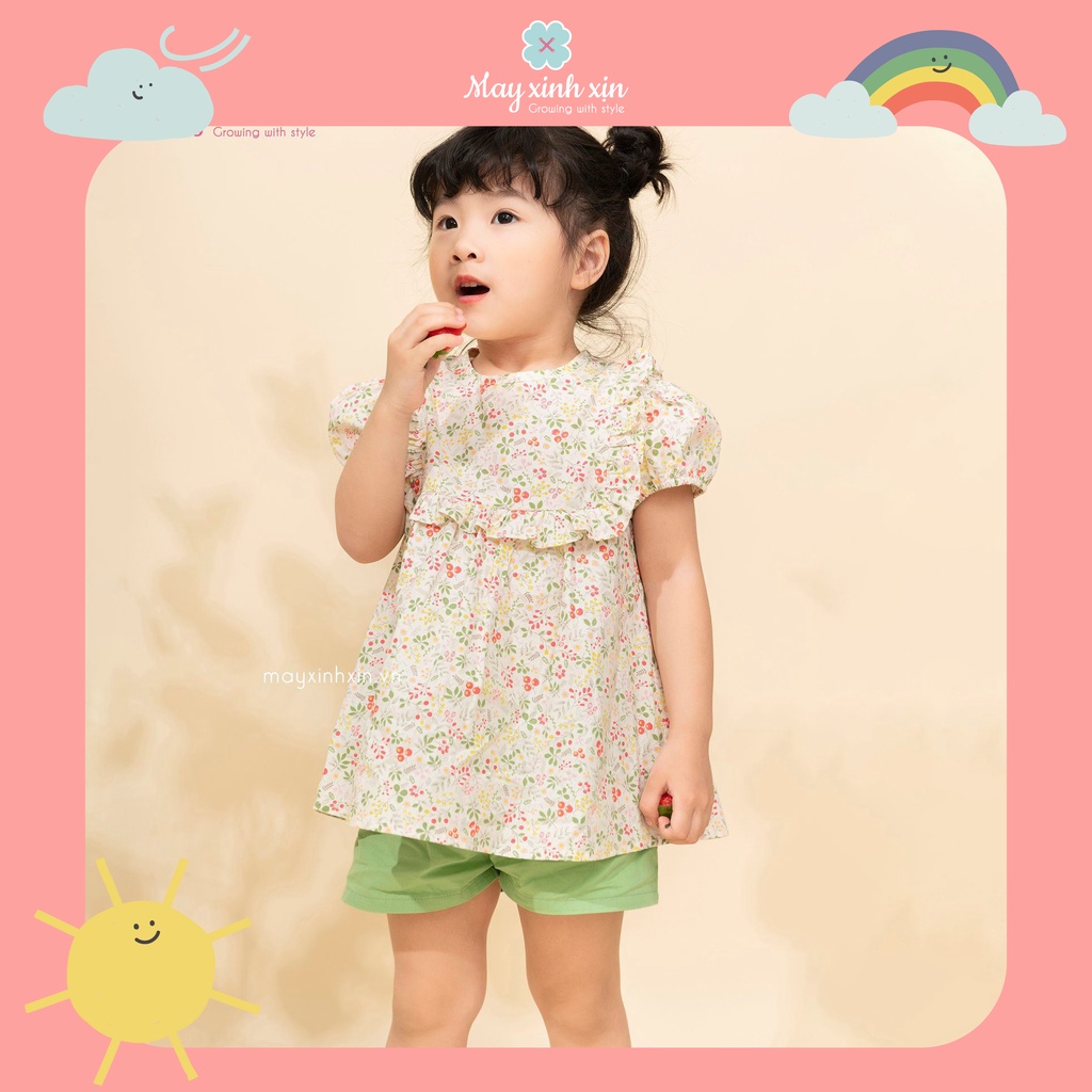 Bộ hè bé gái - Set đồ bé gái - bộ đồ thô hoa nhí phối xanh cốm Berry May xinh xịn