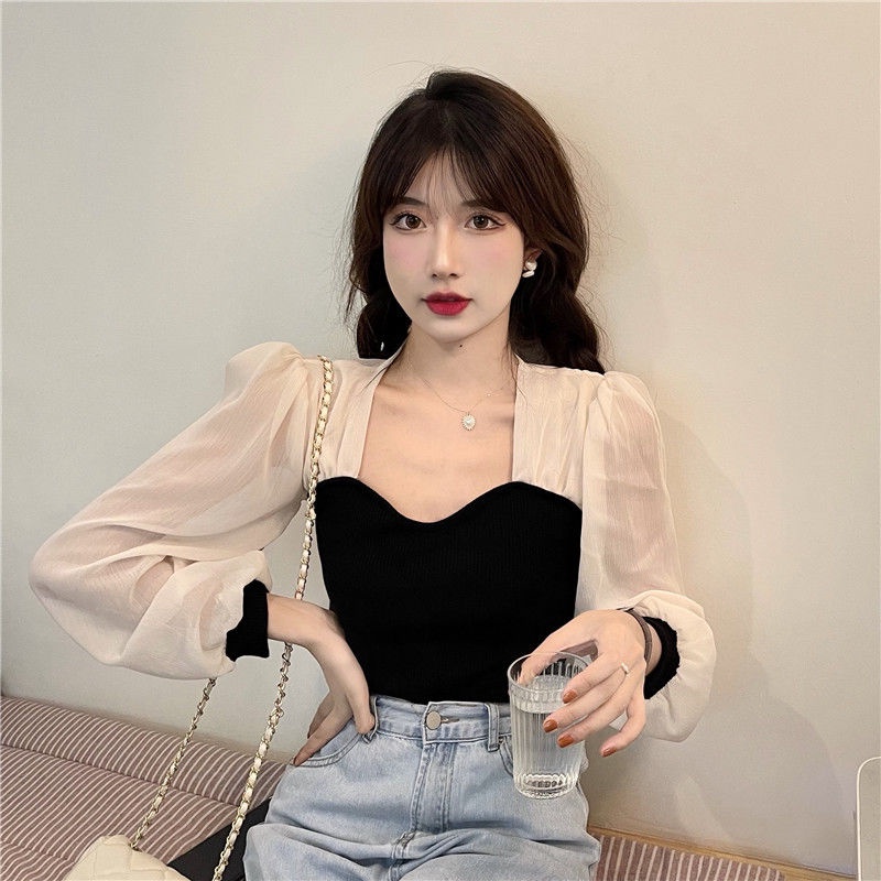 Áo sơ mi cổ vuông màu đen phong cách Pháp thời trang xuân thu cho nữ 2021