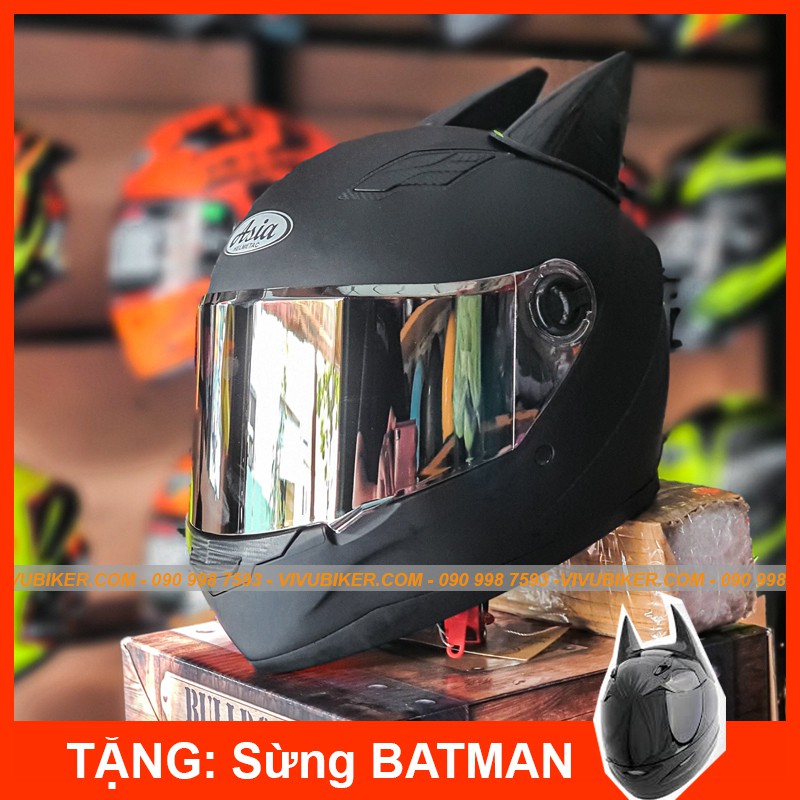 Mũ nón bảo hiểm Fullface Asia mt136 màu SRT bạc xám tặng kèm sừng BATMAN đen - Nón fullface Asia chính hãng bảo hành 12T