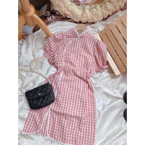 Đầm caro hồng cổ tàu , váy nữ cổ tàu siêu đẹp , váy nữ đi tiệc | BigBuy360 - bigbuy360.vn