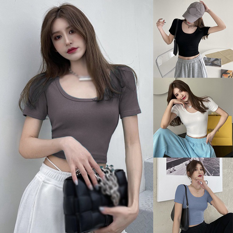 Áo Thun Croptop Tay Ngắn Cổ Vuông Màu Sắc Trơn Thời Trang Cho Nữ