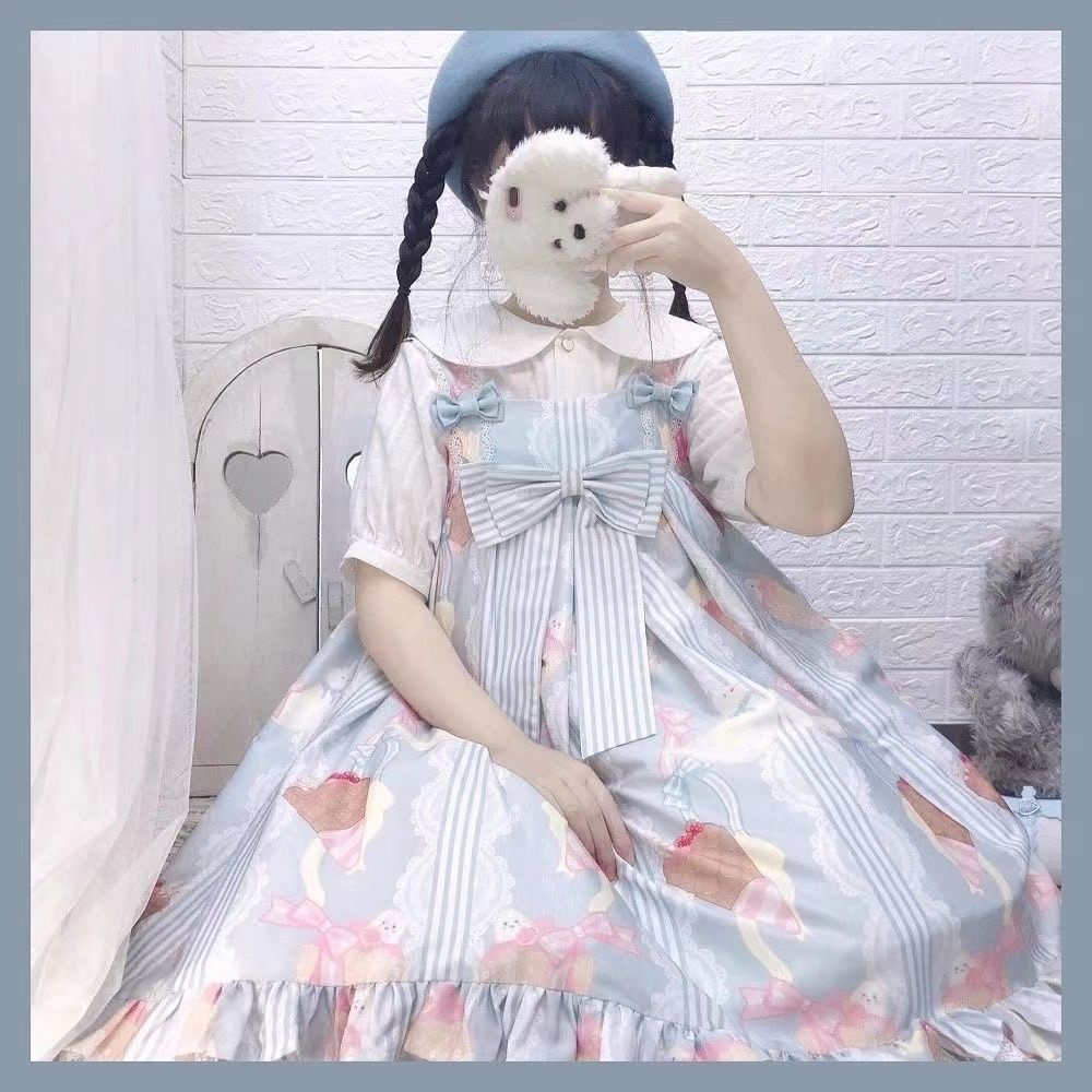 Đầm Yếm Đính Nơ Mềm Mại Phong Cách Lolita Nhật Bản Xinh Xắn Cho Bé Gái
