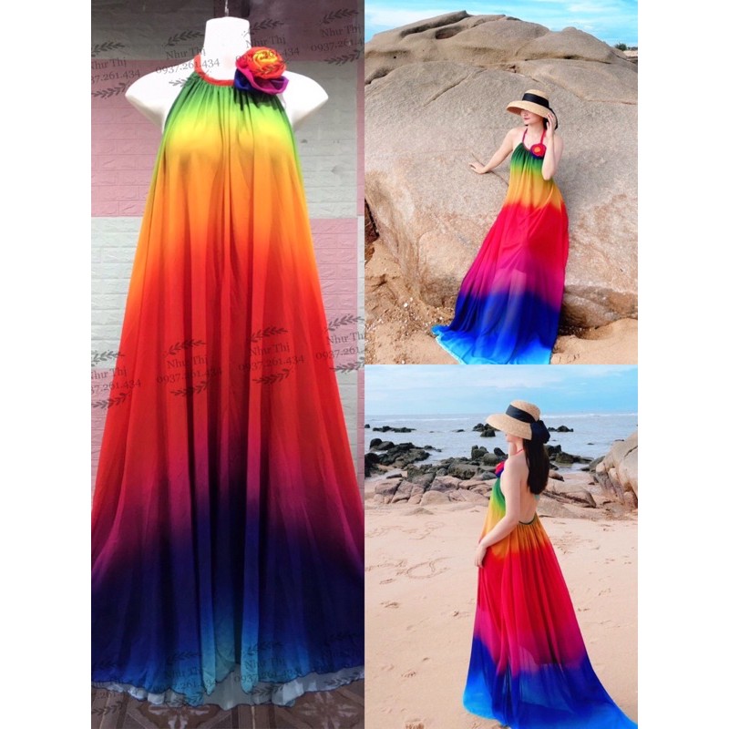 (miễn phí chỉnh váy) đầm maxi yếm màu loang ombre hở lưng đi biển du lịch chụp hình sống ảo đà lạt đồi cát sa mạc | BigBuy360 - bigbuy360.vn