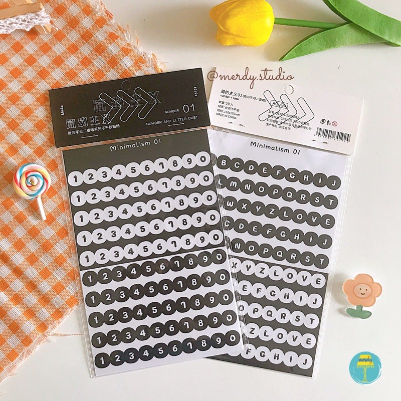 Set 2 tấm sticker số đếm và chữ cái trang trí bullet journal phong cách minimalism