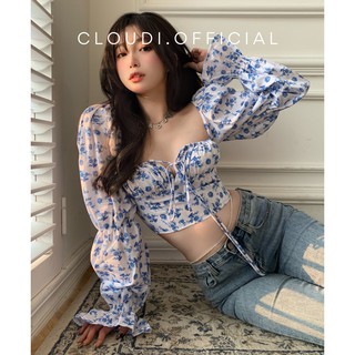Áo Croptop Nữ Kiểu Hoa Nhí Tay Dài Dáng Ôm Cổ Vuông Rút Dây Gợi Cảm Mẫu Mới 2021