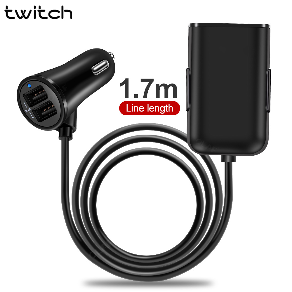 Twitch 60W QC 3.0 Car Charger 8A Front / Back Seat 4 Port USB Mobile Phone adapter For iPhone Huawei Xiaomi Samsung