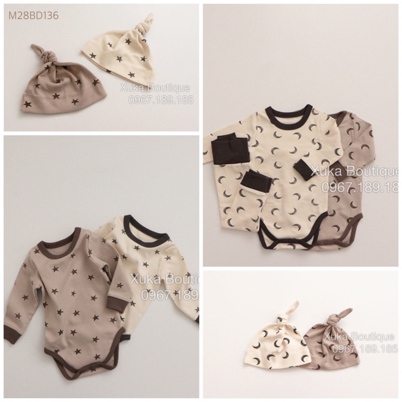 Bodysuit Dài Tay Kèm Quần Hình Sao Trăng Cao Cấp Cho Bé 0-2 Tuổi Style Hàn Quốc Cotton Dài Tay Thu Đông Cực Đẹp