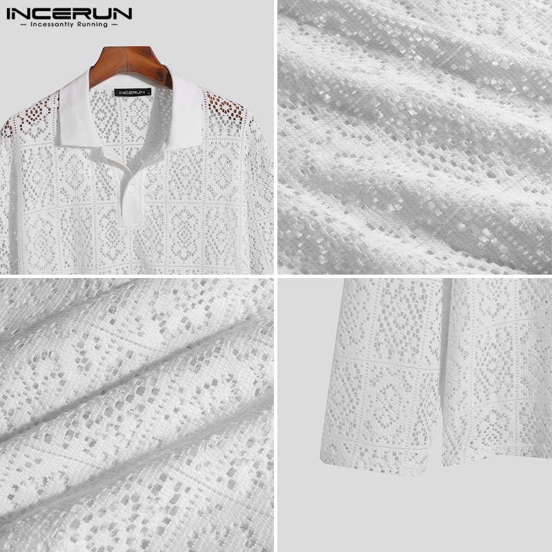 Áo sơ mi polo Incerun móc xuyên thấu phối ren hoa cho nam đi biển