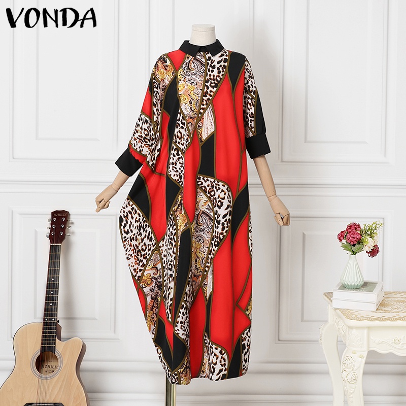 Đầm maxi VONDA cổ tròn tay lỡ 3/4 kiểu cánh dơi in họa tiết phong cách cổ điển thời trang dành cho nữ